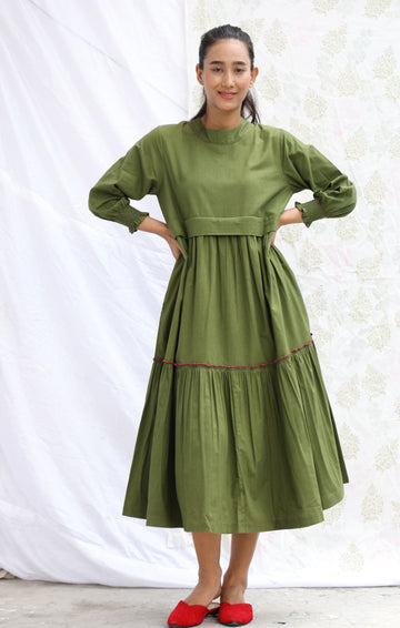 Sap Green Organic Cotton Tiered Dress