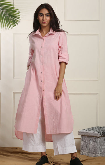 Cotton Linen Shirt Dress - Cherry Blossom Pink or White with White or Black Pants