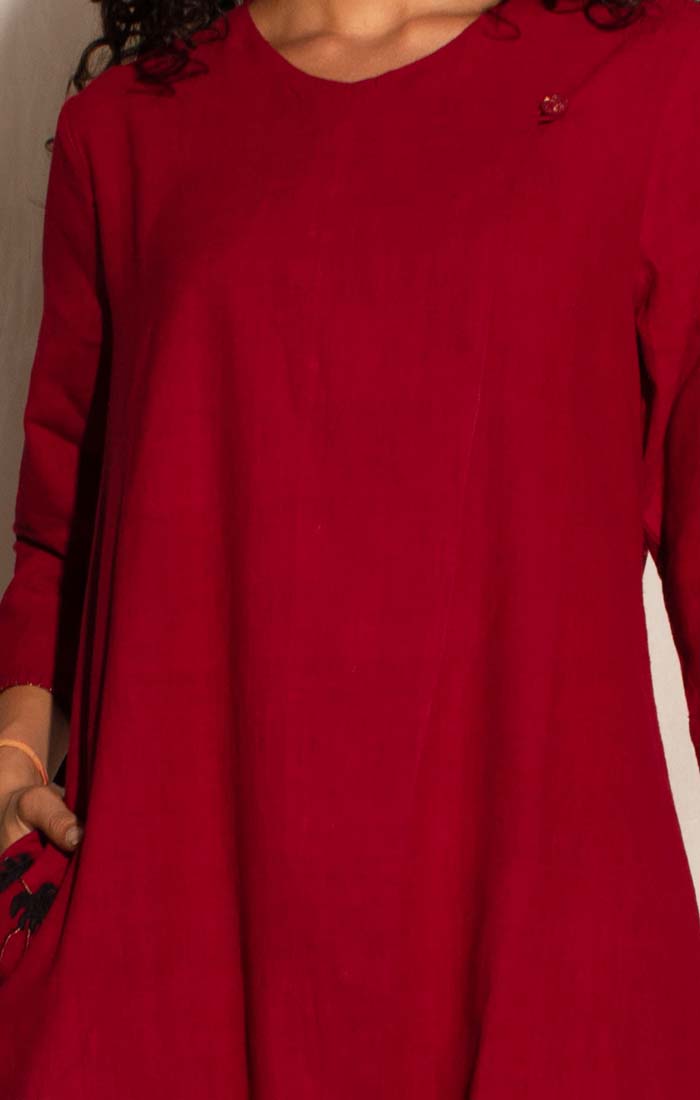 Crimson Red handwoven handspun Kurta with pants and stole