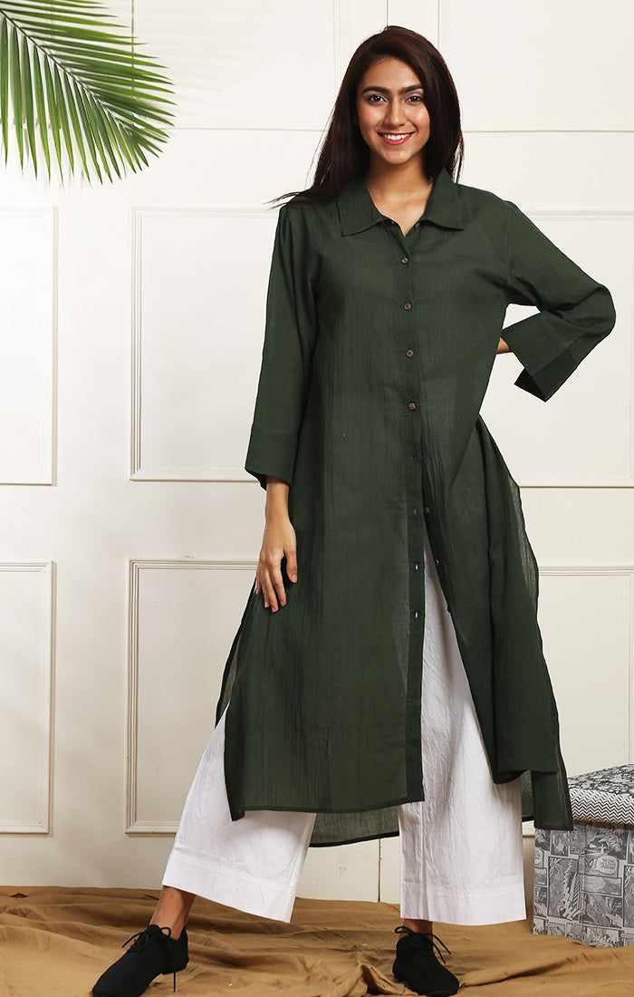 Simple Style Army Green Long Sleeve Tunic Dress