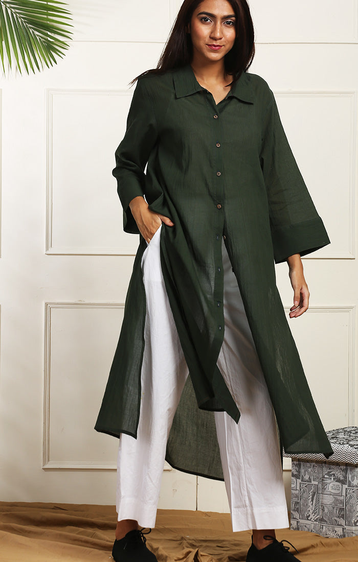 Olive Green Shirt Dress /Long Tunic with Twill Pants