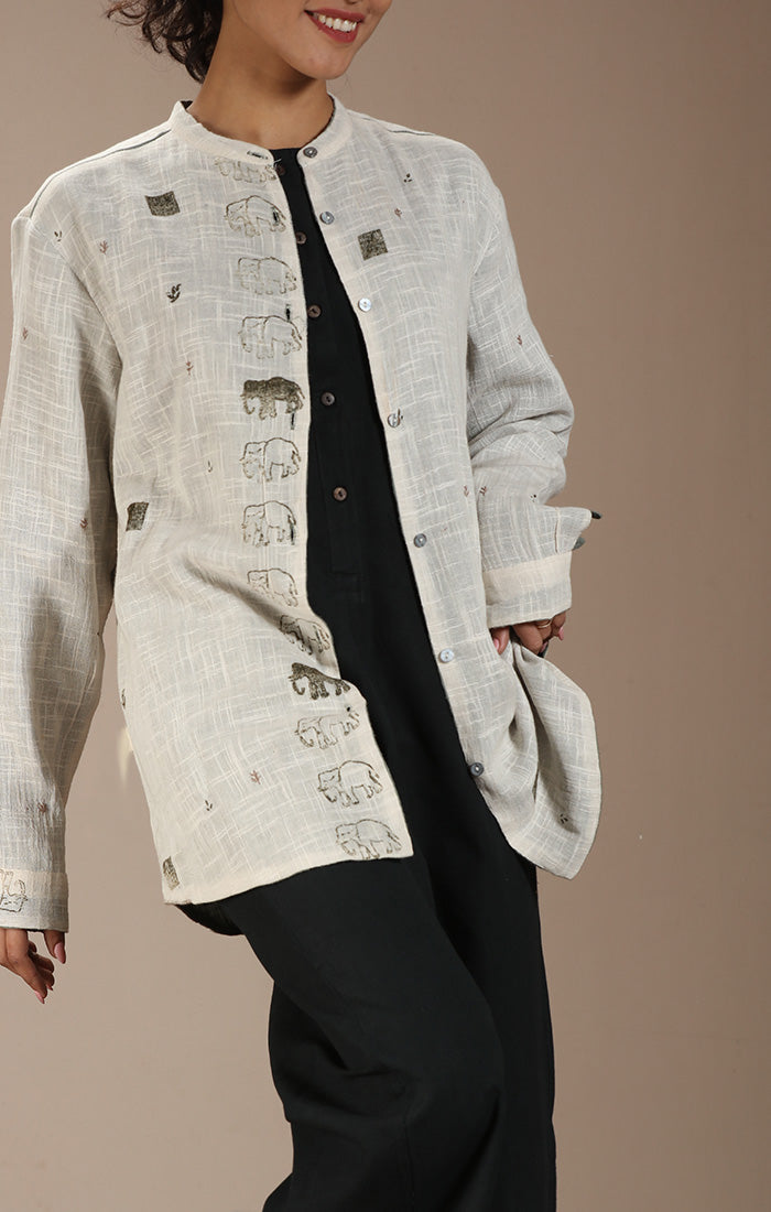 Overshirt (Shirt Jacket) Ivory with Handblock Prints