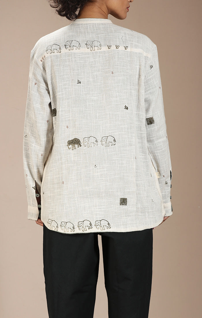 Overshirt (Shirt Jacket) Ivory with Handblock Prints