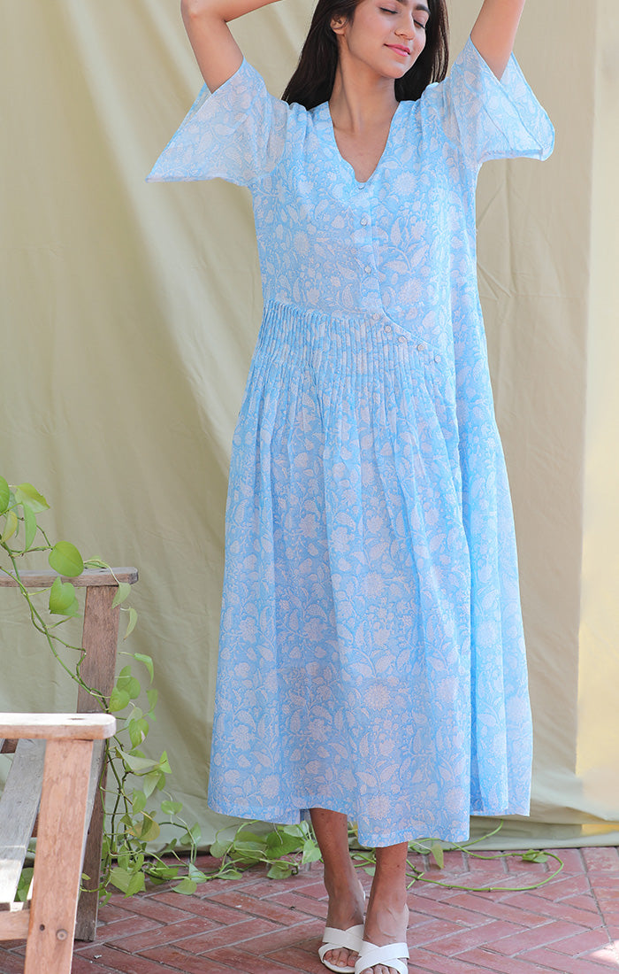 Floral Printed Capri Blue Shirt Dress