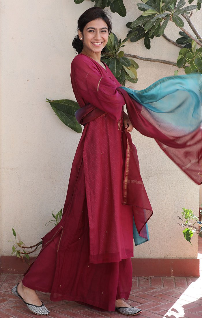 Chanderi Kurta in Fuschia with tones of Mexican Red with palazzo and dupatta