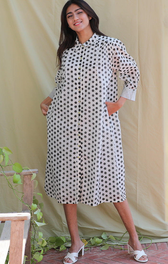 Chanderi Shirt Dress - Polka Dots