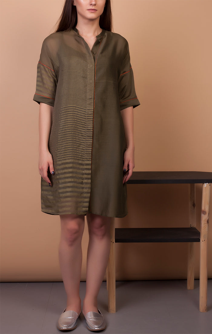 Olive Green handloom Chanderi Boxy Fit Dress