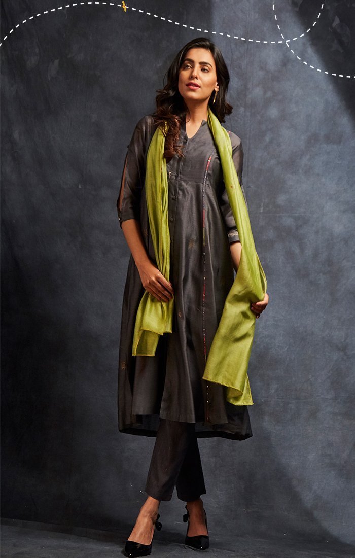 Anchor Grey Tunic/Dress with pants and Choice of stole - Fuschia or lime green