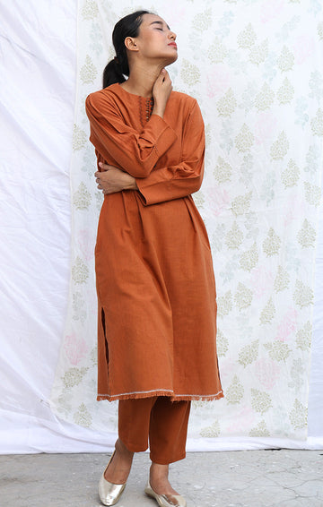 Burnt Orange Handspun Handwoven Cotton Kurta with Pants