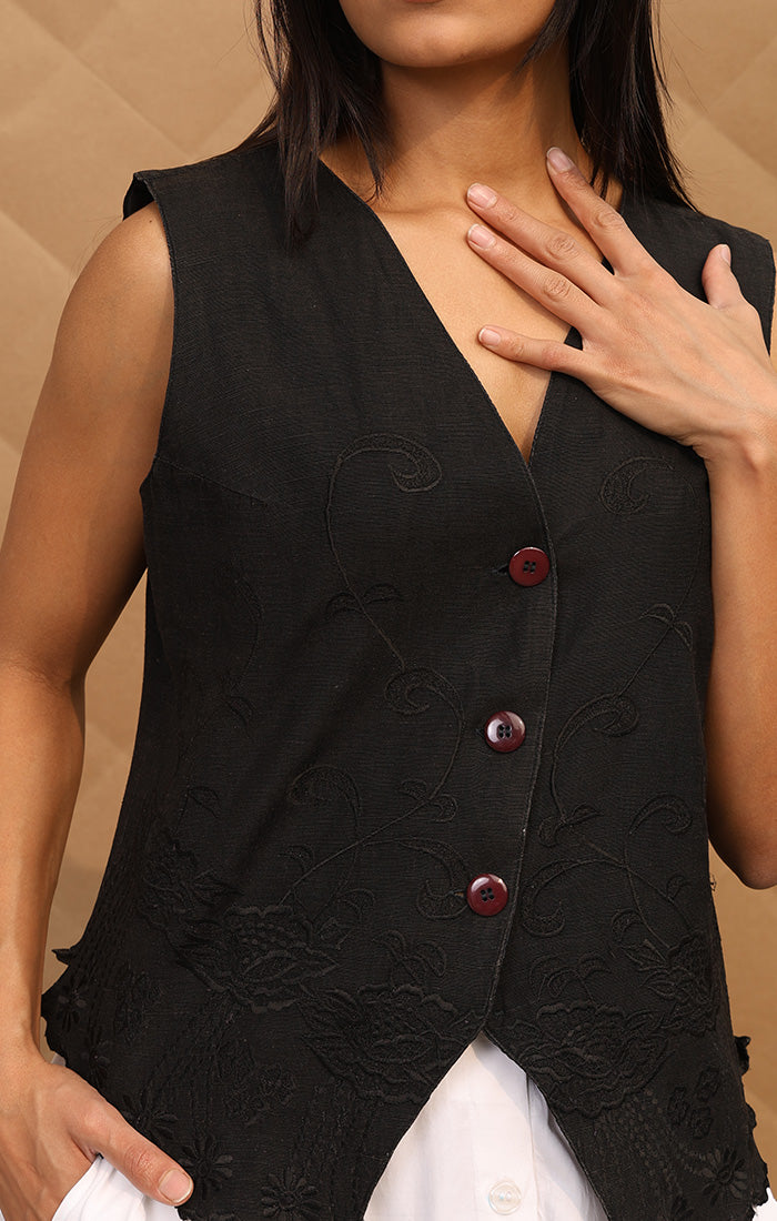Charcoal Vest with Embroidery - Linen Blend