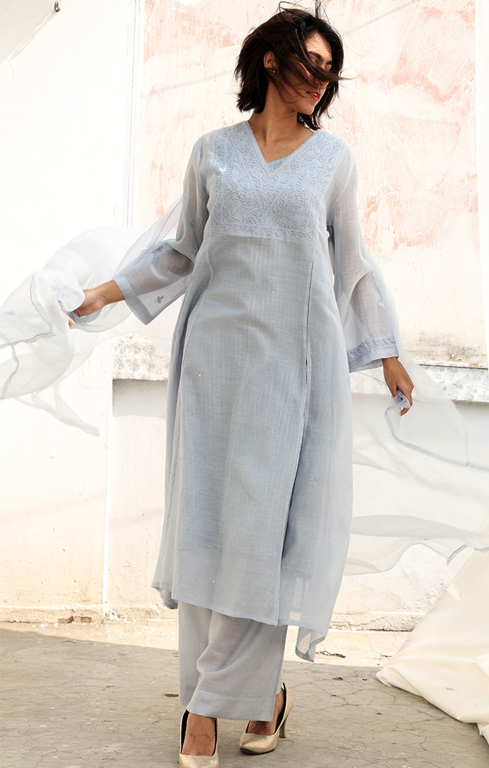 Ice Blue Chanderi Chikankari Kurta with Pants and Silk Organza Dupatta