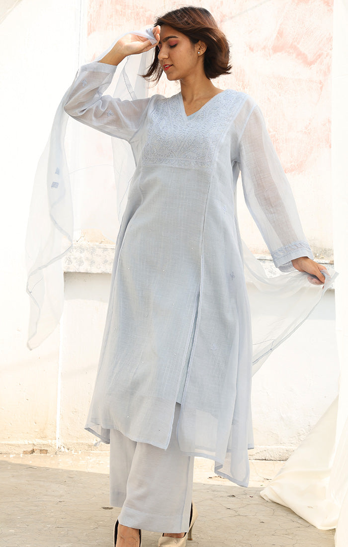 Ice Blue Chanderi Chikankari Kurta with Pants and Silk Organza Dupatta