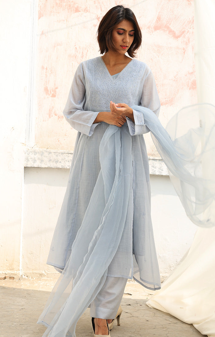 Ice Blue Chanderi Chikankari Kurta with Pants and Silk Organza Dupatta