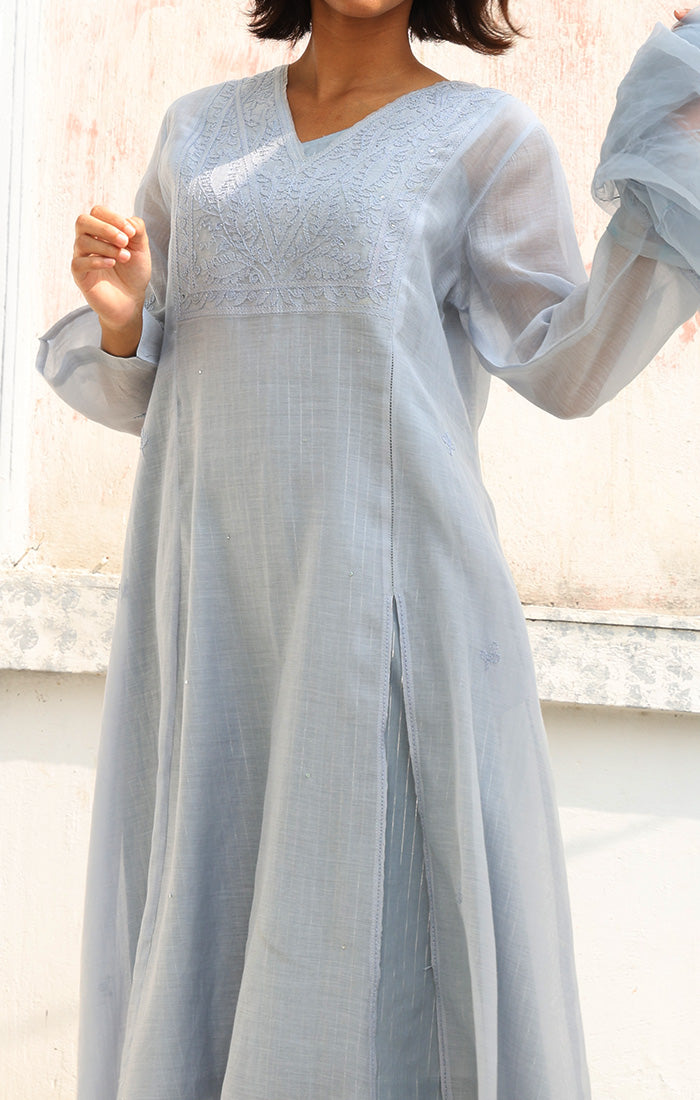 Ice Blue Chanderi Chikankari Kurta with Pants and Silk Organza Dupatta