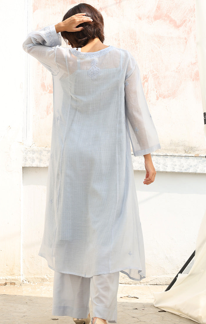 Ice Blue Chanderi Chikankari Kurta with Pants and Silk Organza Dupatta