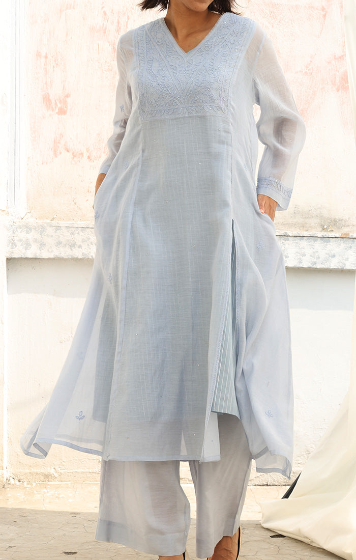 Ice Blue Chanderi Chikankari Kurta with Pants and Silk Organza Dupatta