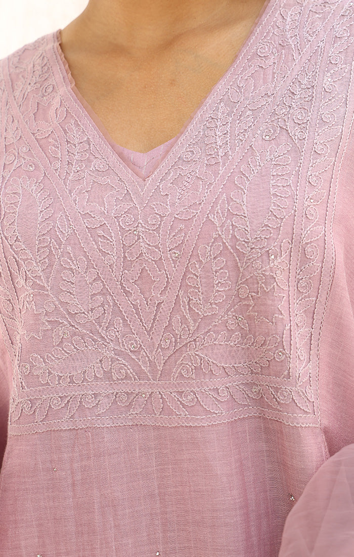 Lilac Chanderi Chikankari Kurta with Pants and Silk Organza Dupatta