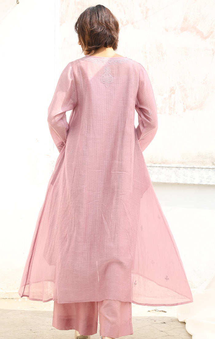 Lilac Chanderi Chikankari Kurta with Pants and Silk Organza Dupatta