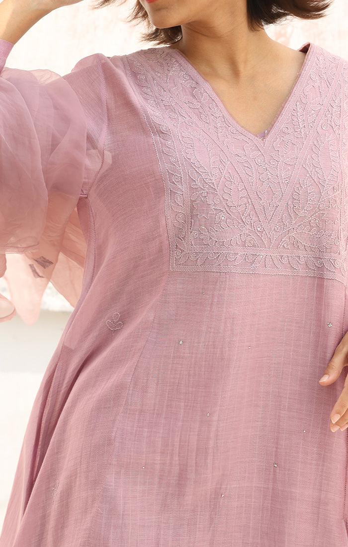 Lilac Chanderi Chikankari Kurta with Pants and Silk Organza Dupatta