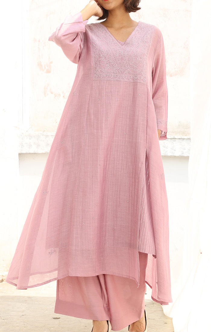 Lilac Chanderi Chikankari Kurta with Pants and Silk Organza Dupatta