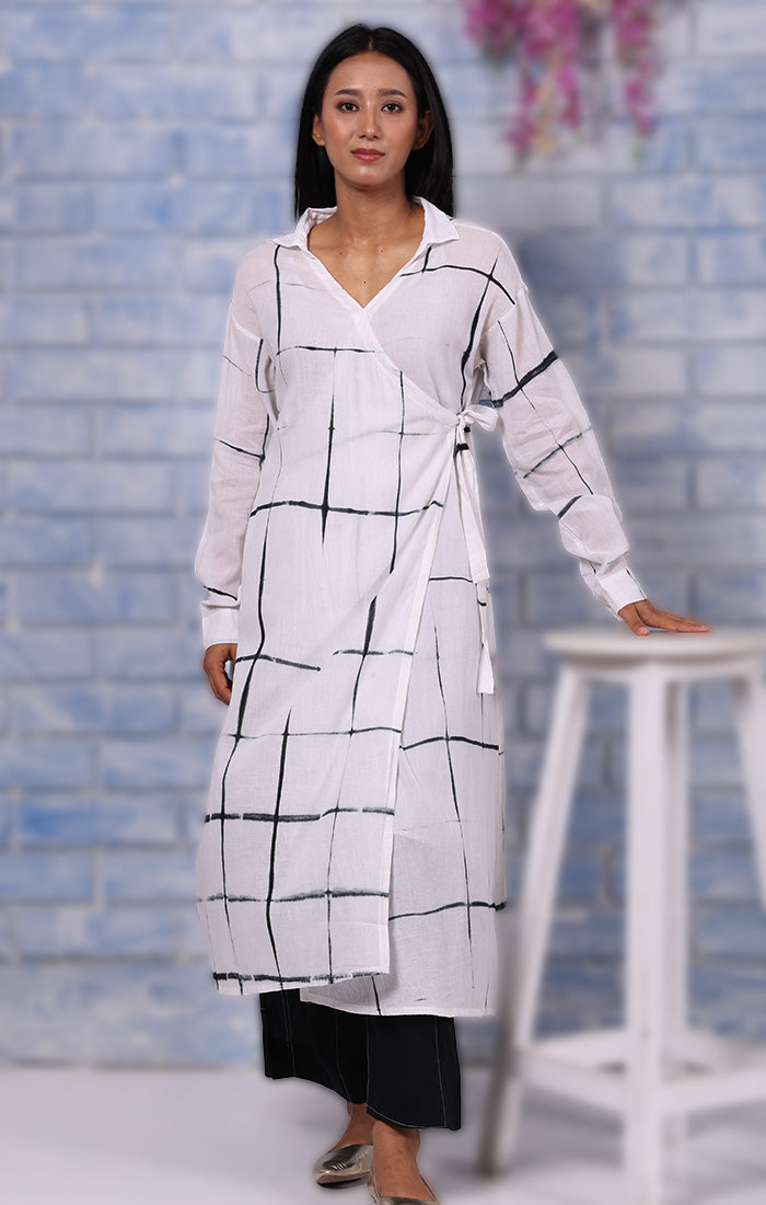 Wrap Tunic (Angrakha) in Pin Stripe Open Check Clamp Dye