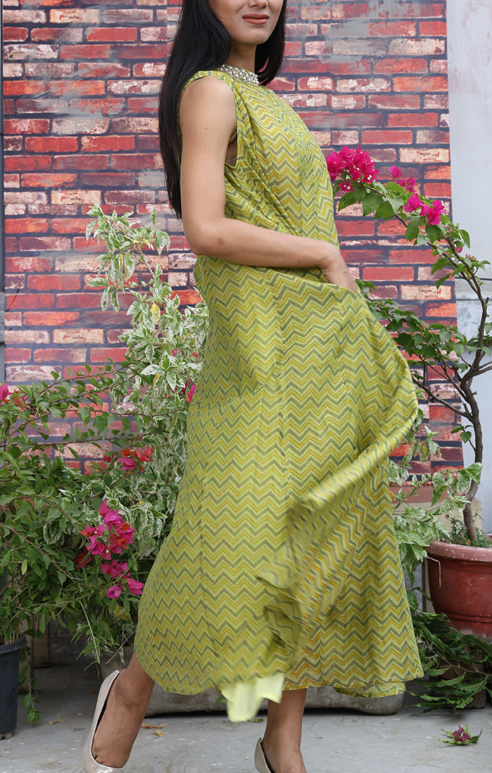 Chanderi Dress with Handblock prints and Zardozi