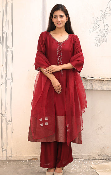 Chanderi Kurta with Tissue and mirror work - Garnet