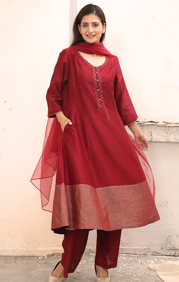 Chanderi Kurta with Tissue and mirror work - Garnet