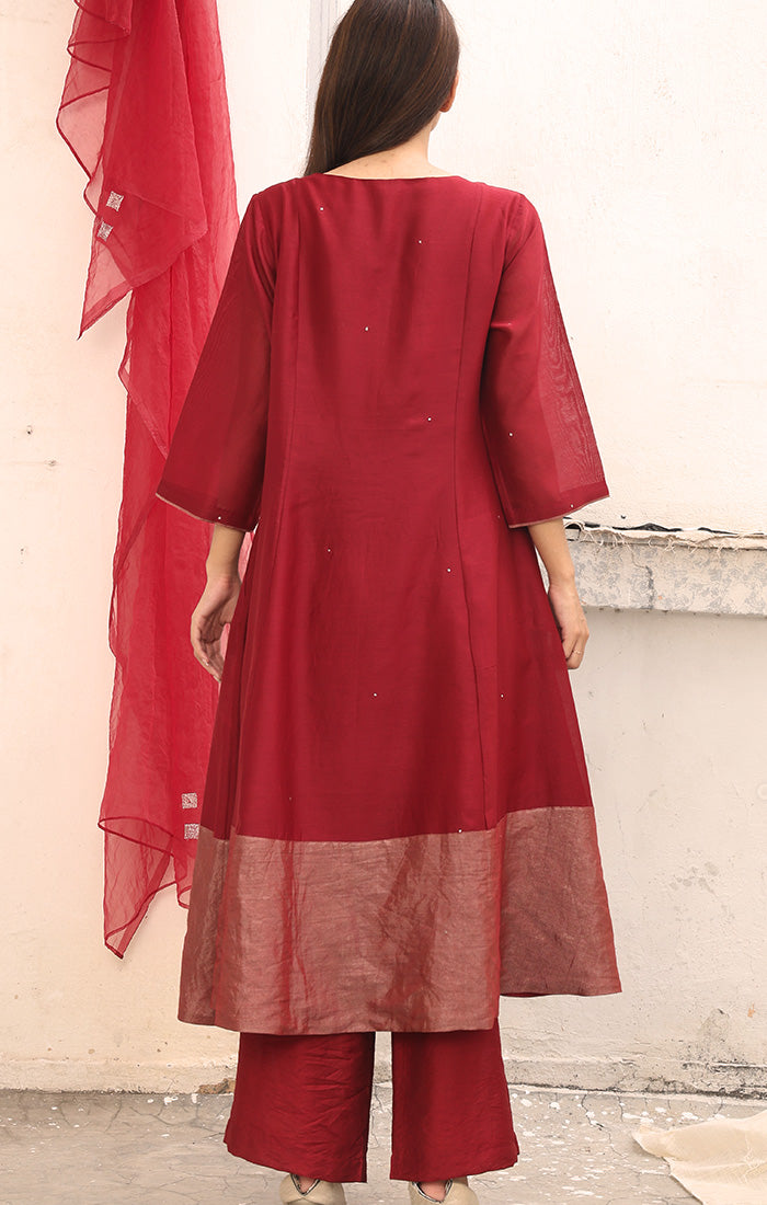 Chanderi Kurta with Tissue and mirror work - Garnet