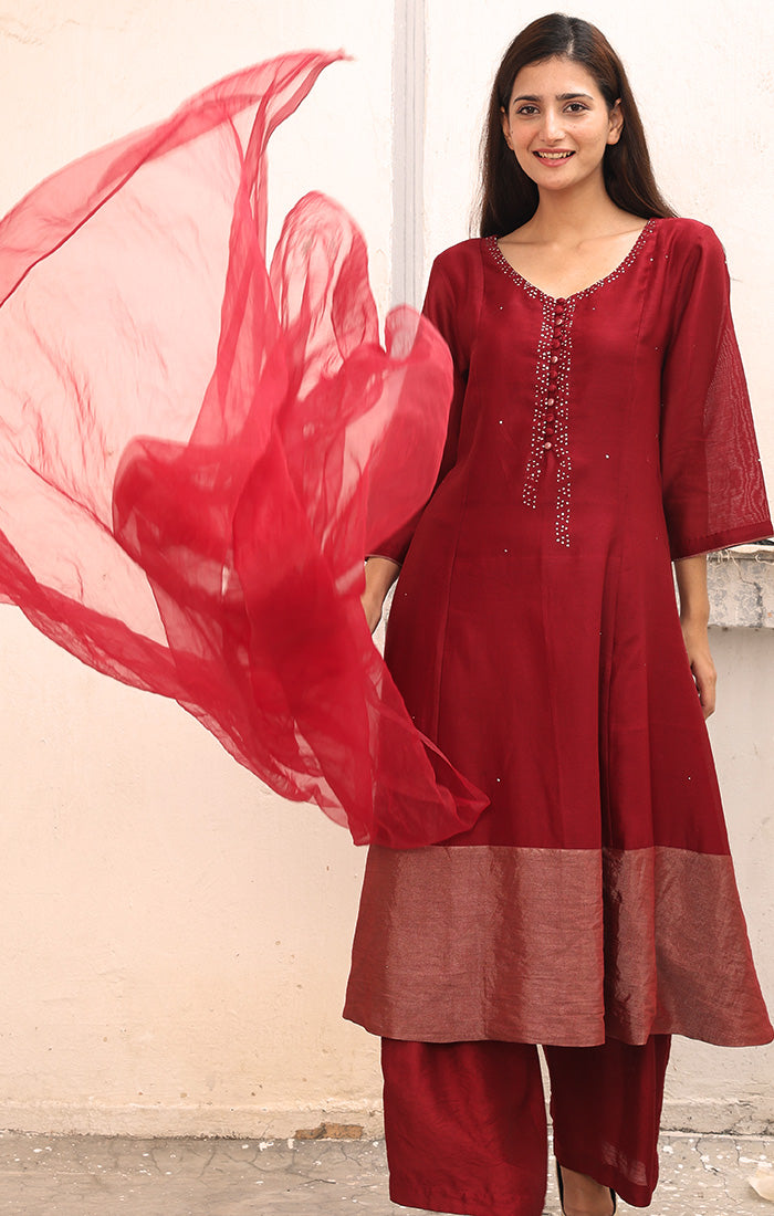 Chanderi Kurta with Tissue and mirror work - Garnet