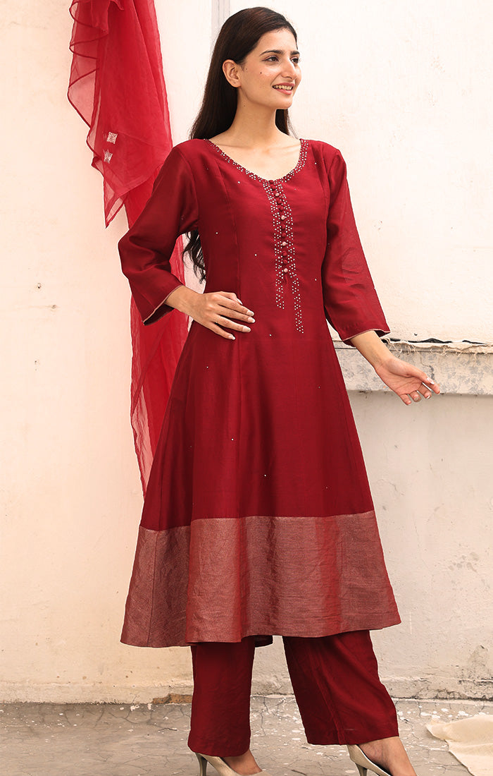 Chanderi Kurta with Tissue and mirror work - Garnet