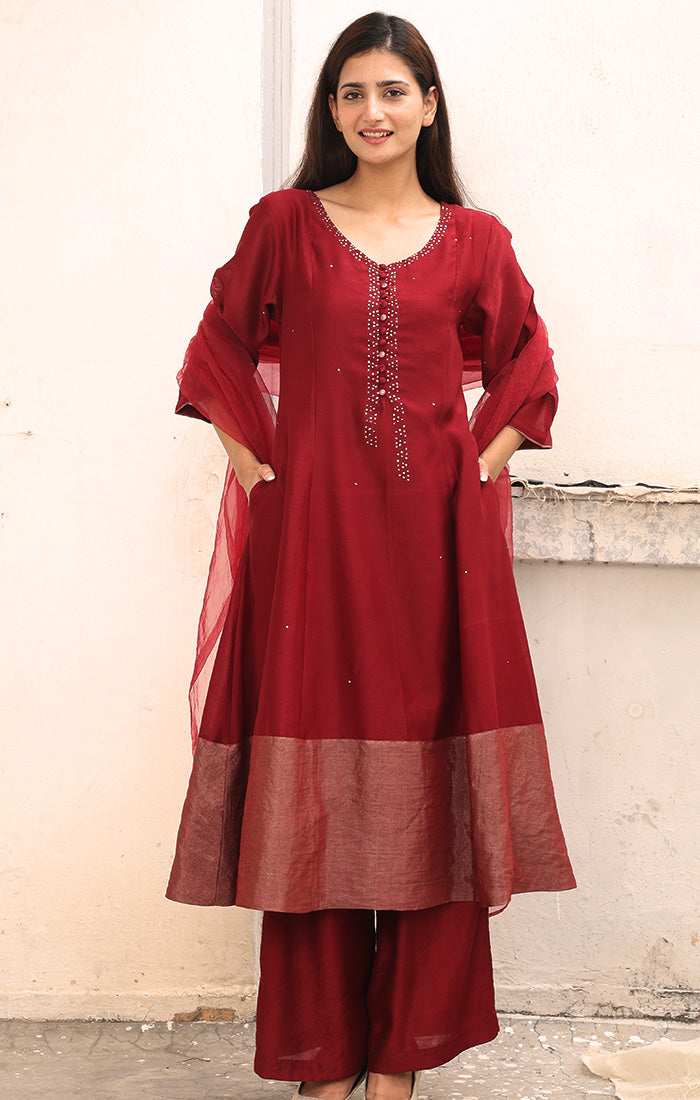 Chanderi Kurta with Tissue and mirror work - Garnet