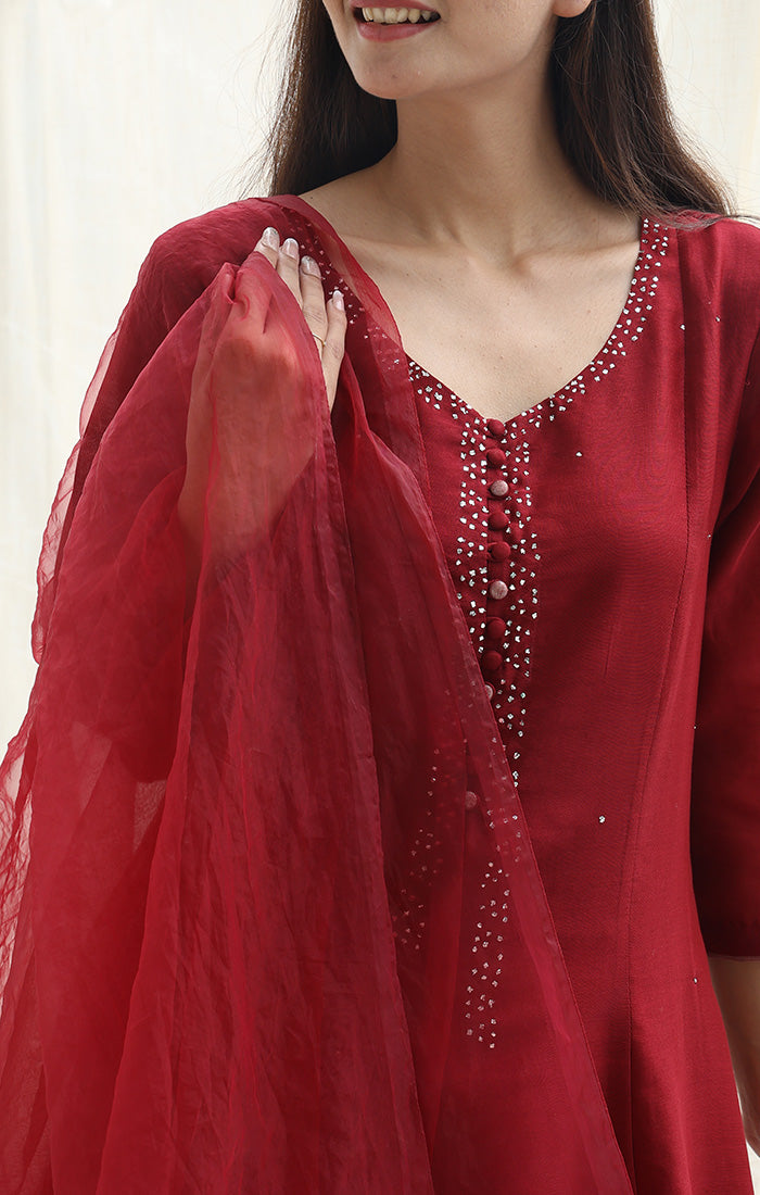 Chanderi Kurta with Tissue and mirror work - Garnet