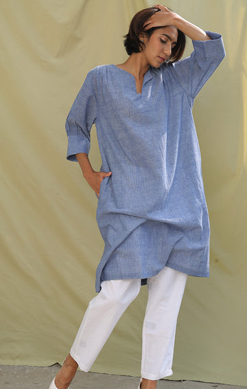 Denim Blue Handwoven Handspun Kurta with pants