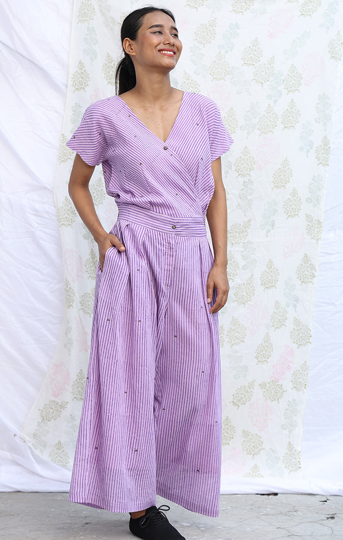 Lilac Pin Stripe handblock Printed Jumpsuit