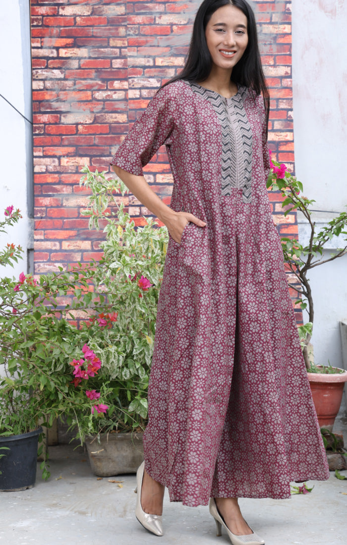 Chanderi Handblock Printed Jumpsuit in Dewberry Violet
