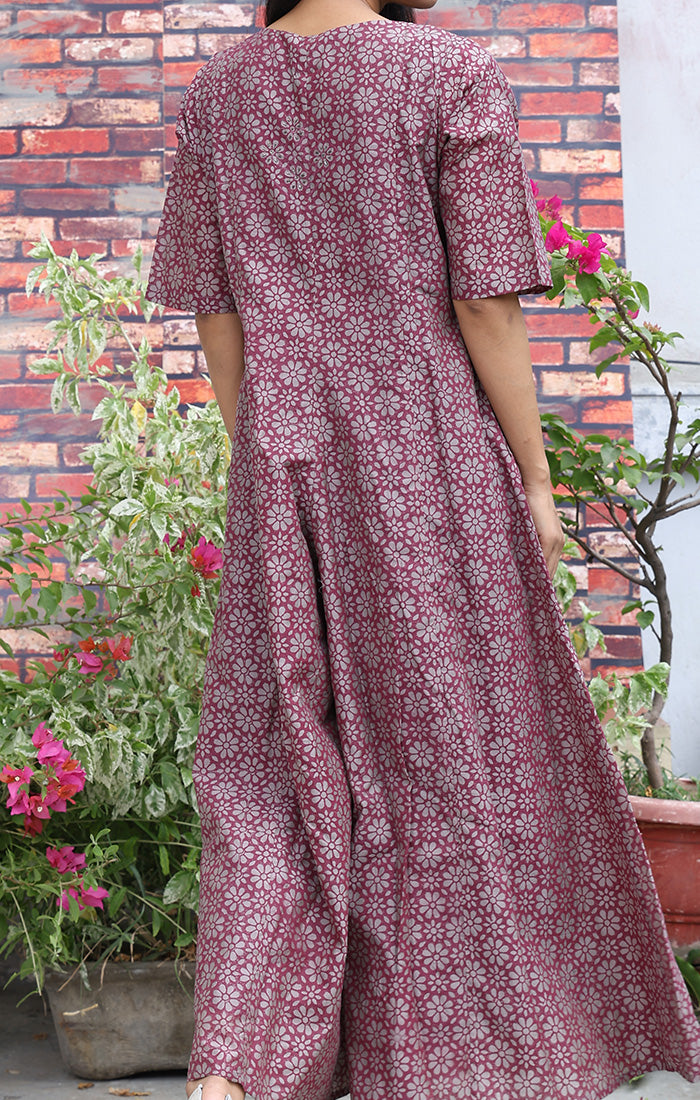Chanderi Handblock Printed Jumpsuit in Dewberry Violet
