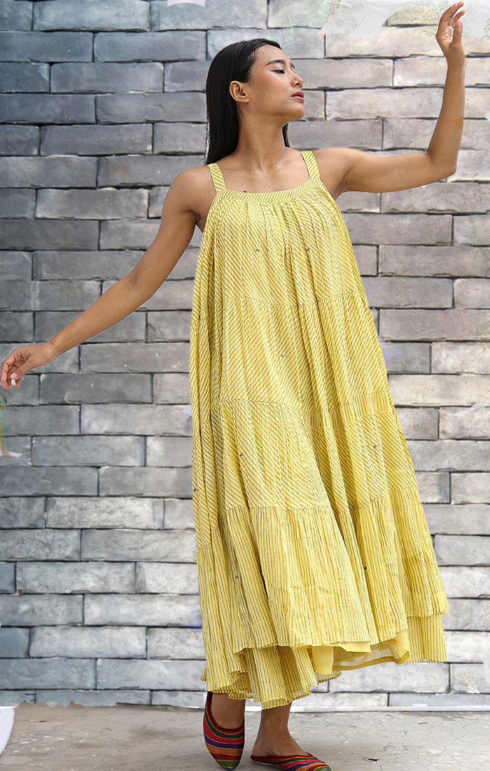 Lemon Yellow Dress with Grey Handblock Pin Stripes