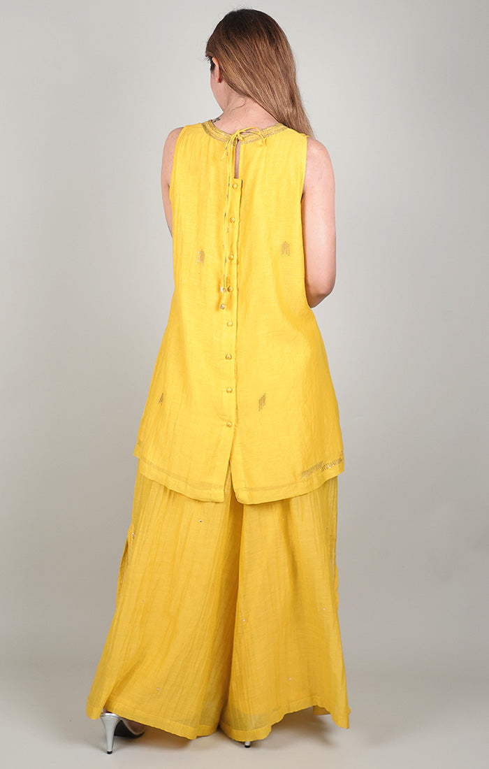 Mustard Halter Neck Black Top with Palazzo  and Stole