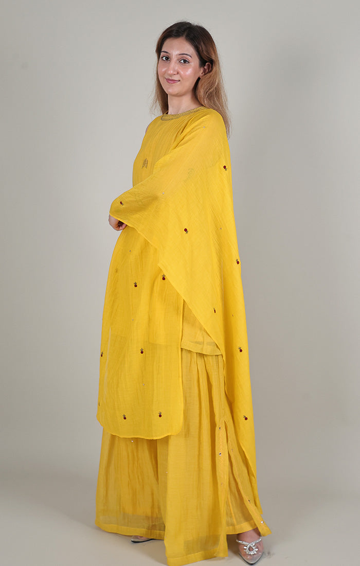 Mustard Halter Neck Black Top with Palazzo  and Stole