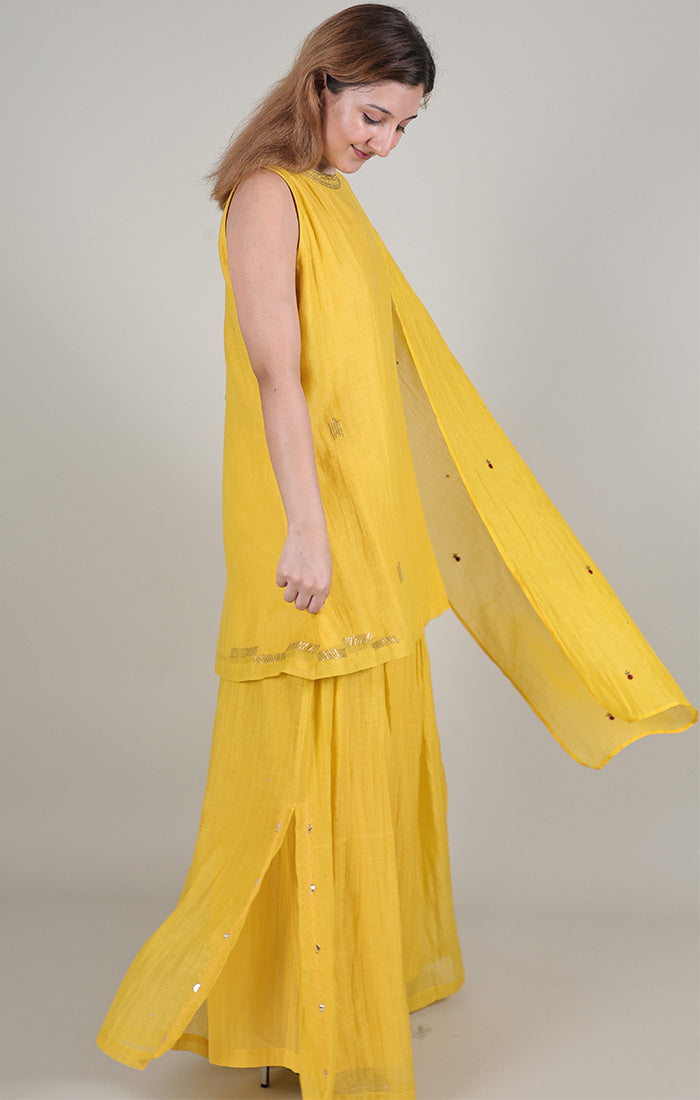 Mustard Halter Neck Black Top with Palazzo  and Stole