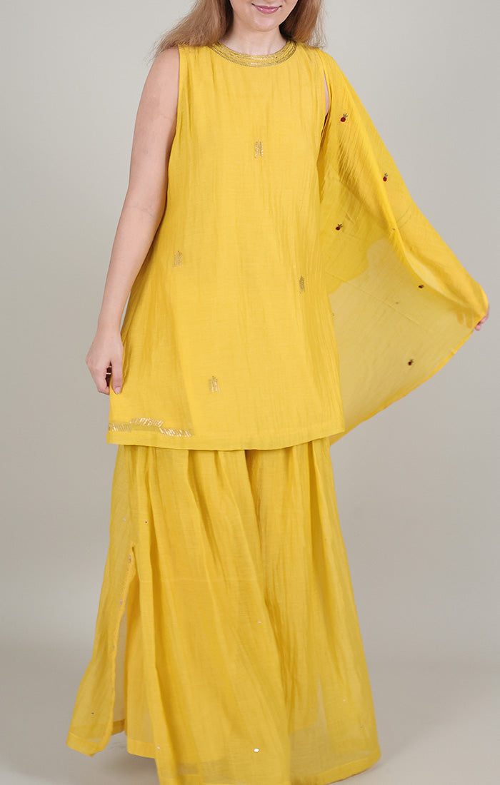 Mustard Halter Neck Black Top with Palazzo  and Stole