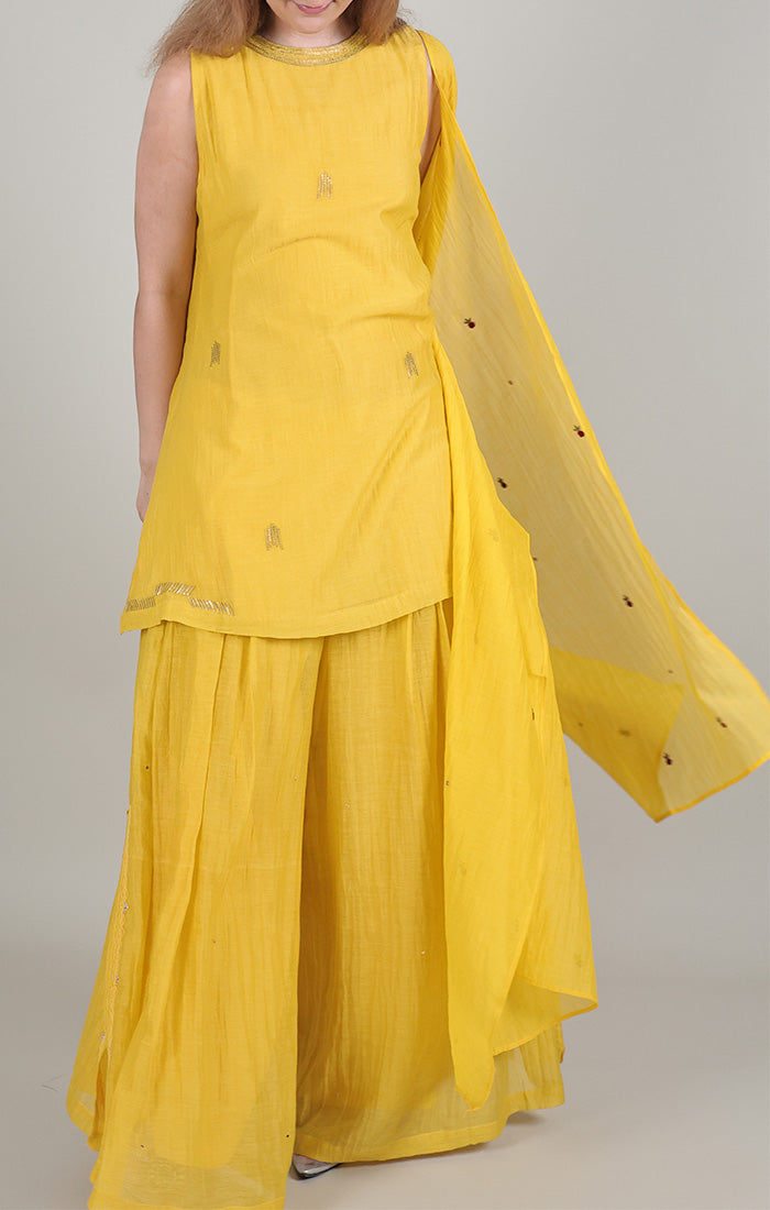 Mustard Halter Neck Black Top with Palazzo  and Stole