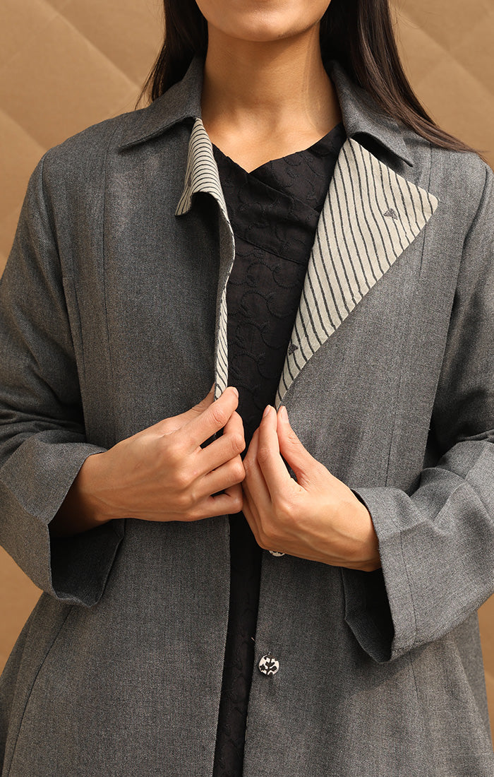 Pebble Grey Wool Twill Overcoat