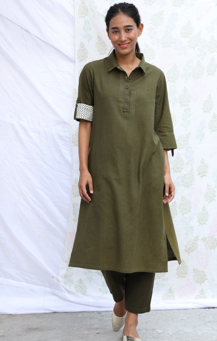 Olive Green Handspun Handwoven Cotton Tunic with Pants