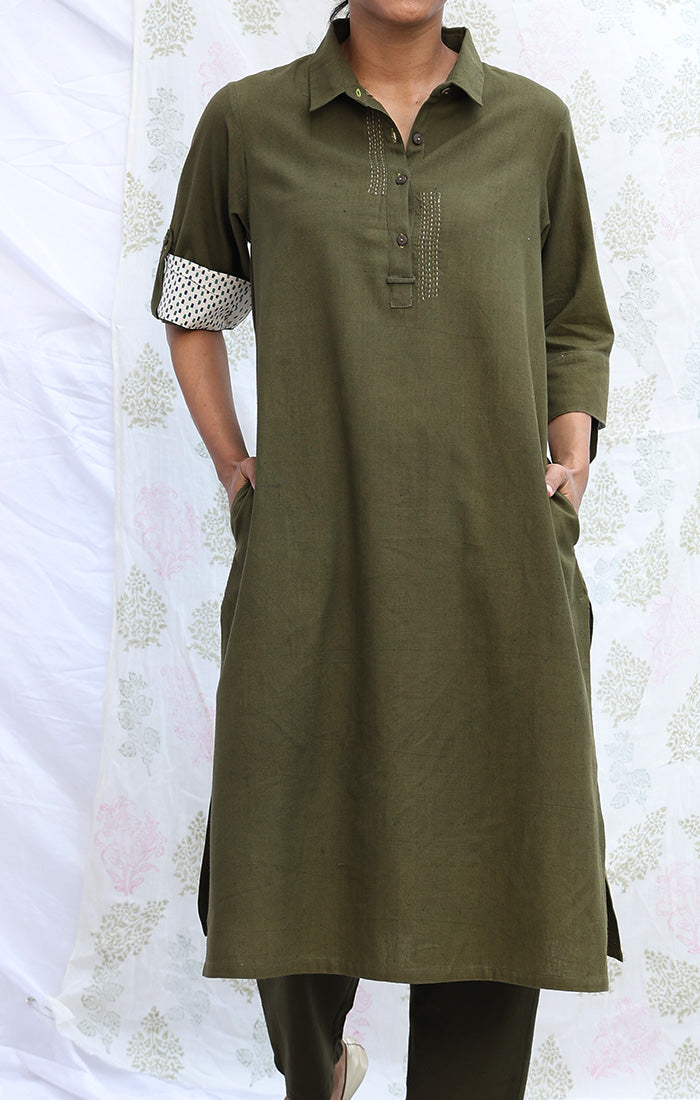 Olive Green Handspun Handwoven Cotton Tunic with Pants
