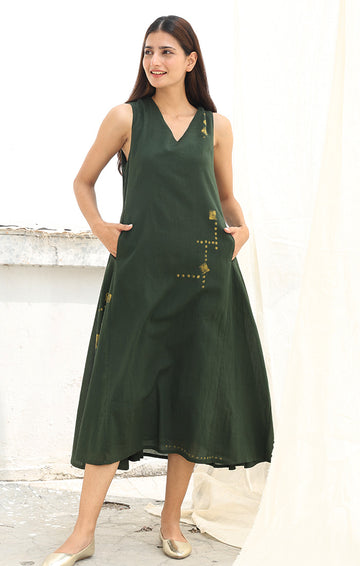 Olive Green Dress with Discharge Print