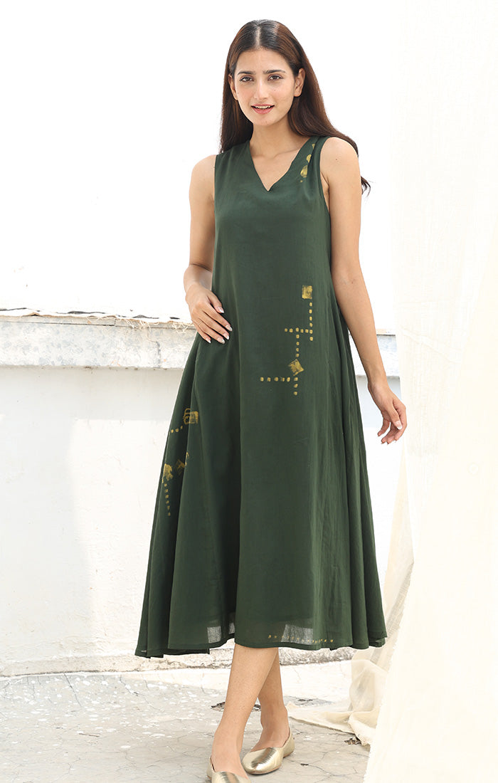 Olive Green Dress with Discharge Print
