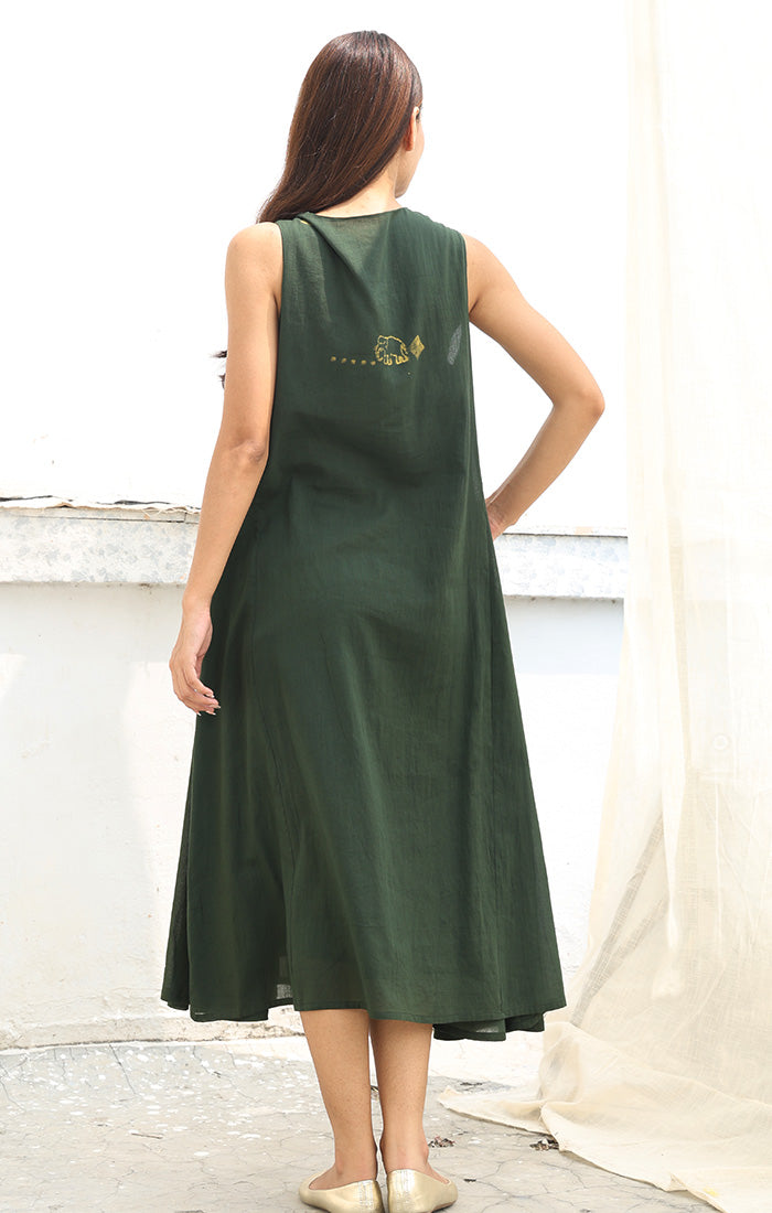 Olive Green Dress with Discharge Print