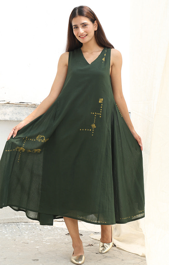 Olive Green Dress with Discharge Print